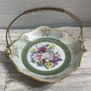Vintage Lusterware Rose Candy Dish w/ metal wire detachable  handle